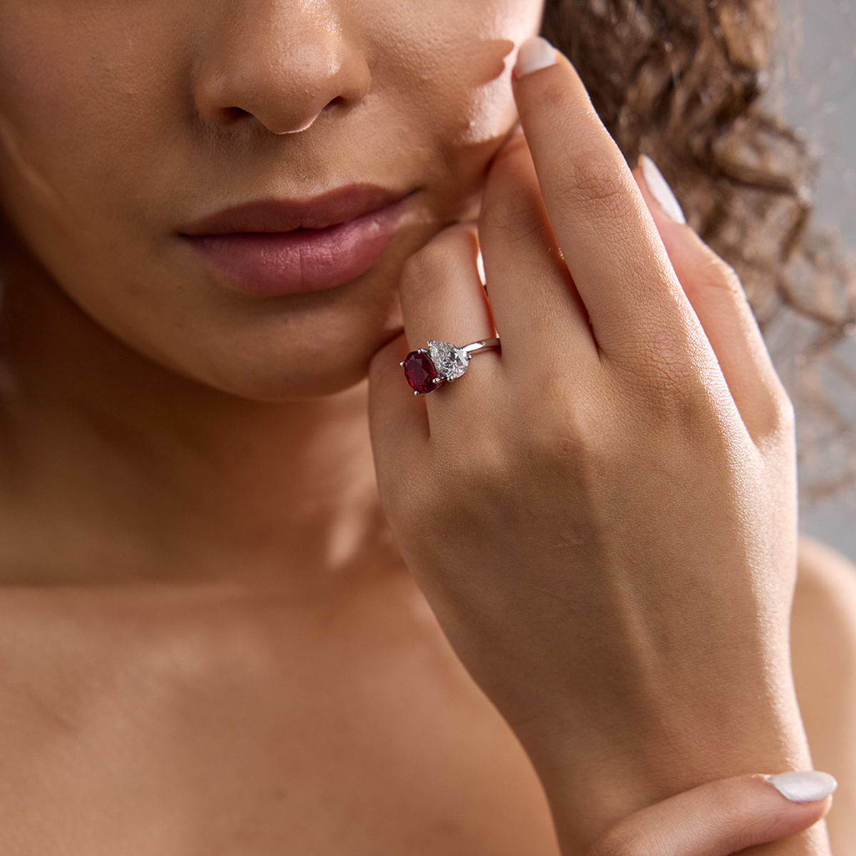 Additional Image 2 for  9x7mm Oval Cut Created Ruby and 1 1/2 ctw Pear Cut Lab Grown Diamond Two Stone Engagement Ring